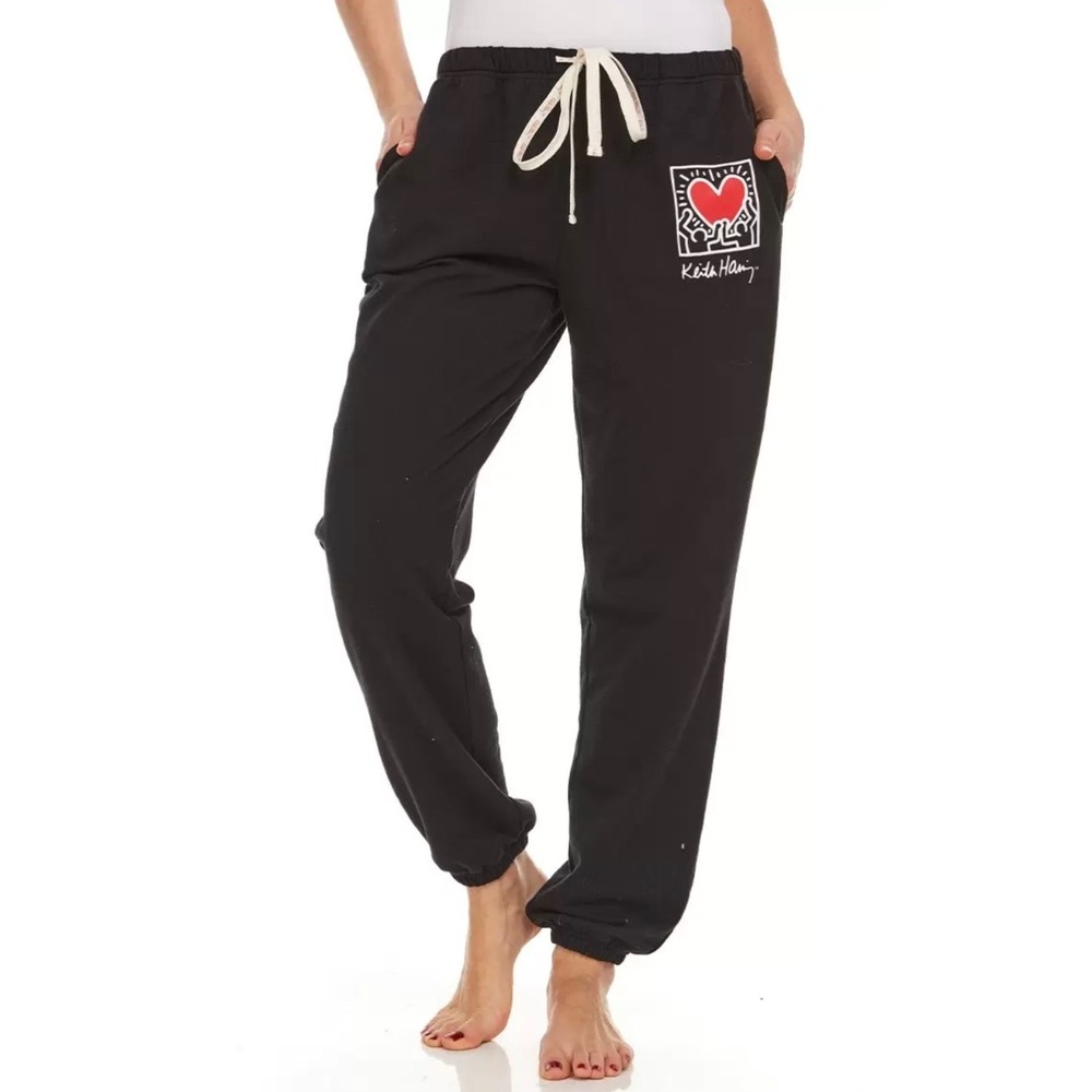 Keith Haring Womens Black Heart Graphic Joggers - Medium